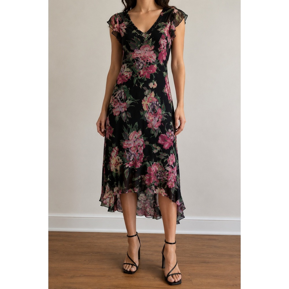 Whimsigoth Dark Floral Midi Dress XS Asymmetric Ruffle Bead Fairy‎ Grunge Witchy
